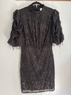 Y.A.S. Black Sequin Fringe Puff-Sleeve Cocktail Dress